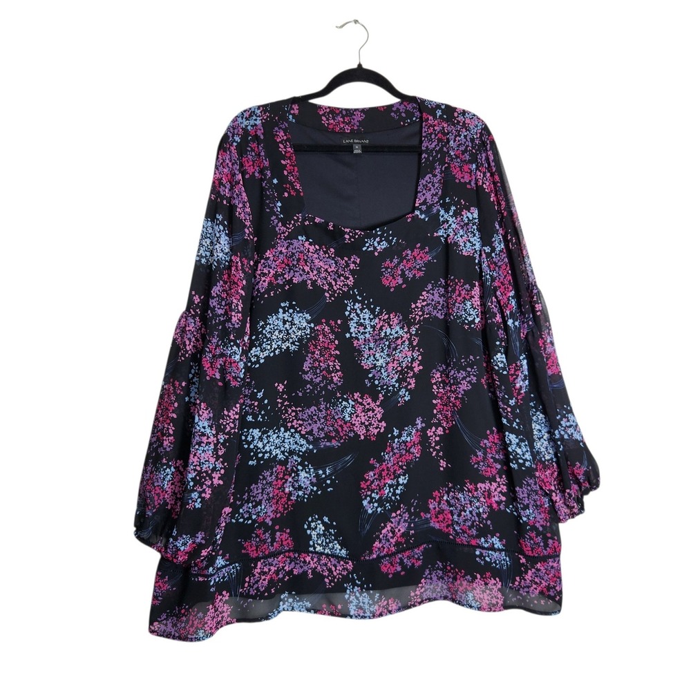 Lane Bryant Floral Square Neck Balloon Sleeve Blouse Black Pink Blue Size 26